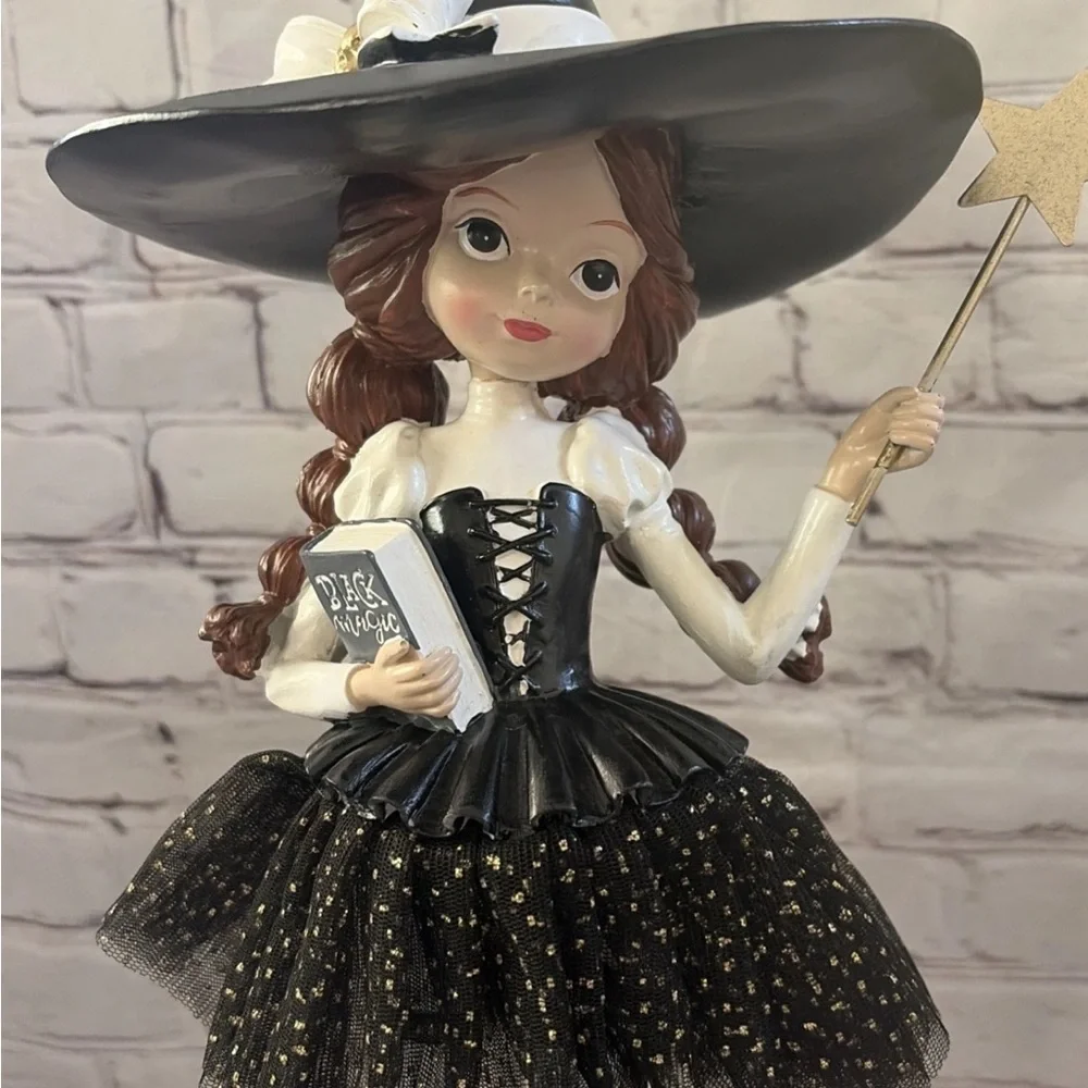 Whimsical Witch Figurine / Black Cat Wand Black Magic Book Halloween 15 Inch